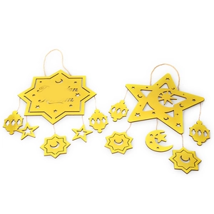 Golden Ramadan Kareem hanging ornaments set with moon, star and lantern wood cutout decor