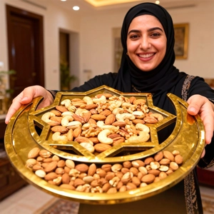 Golden moon and star shaped metal tray filled with mixed nuts for festive table decor