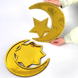 Gold moon and star wooden trays for Ramadan Eid festive tabletop decoration and serving