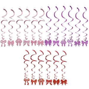 Glitter bow spiral ceiling swirls in pink, purple and red for Mother's Day party decor