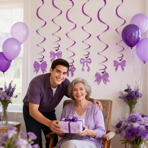 Purple Mothers Day glitter bow hanging swirls for festive indoor party ceiling decoration
