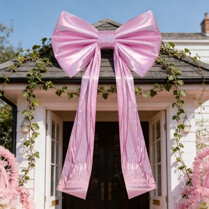 Detailed view of large pink metallic bow decoration on a white gazebo roof with green vines