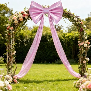 Large pink sequined decorative bow with long ribbons for wedding party arch backdrop