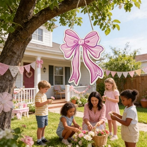 Targa a fiocco rosa in legno con corda decorativa per feste all'aperto e festa della mamma