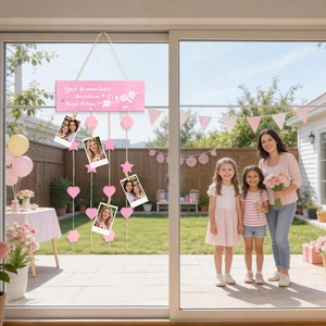 Pink wooden photo display plaque for Mother's Day with clips and hanging heart star charms