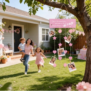 Pink wooden photo display plaque with stars and hearts hanging in a sunny garden