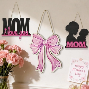 Three-piece Mother's Day wooden hanging ornaments with MOM text and bow tie designs