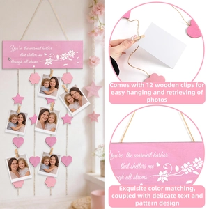 Pink Mother's Day wooden photo display with flower patterns and 12 wooden clips
