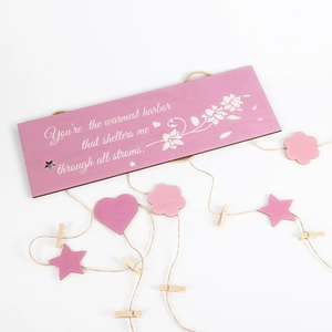 Wooden Mother's Day photo hanging board with star and heart clips on rustic jute rope