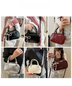 Collage of fashion bowling bags in various colors worn by a model in casual outfits
