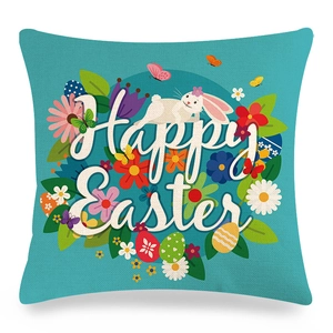 Linen Easter pillow case featuring cute bunny flower pattern and Happy Easter text