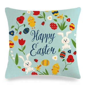 Light blue linen Happy Easter pillow cover with bunny, floral wreath and egg patterns
