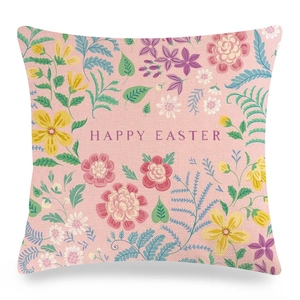 Detail of linen texture and colorful floral patterns on Happy Easter pillow cover