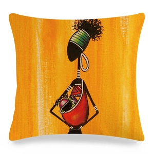 Detail of African woman oil painting on textured linen square pillow cover surface