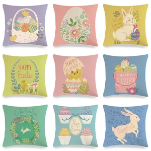 Cartoon Easter Bunny Linen Pillowcase Rabbit Egg Chick Print Cushion Cover For Sofa Living Room Home Decoration Holiday Ornament