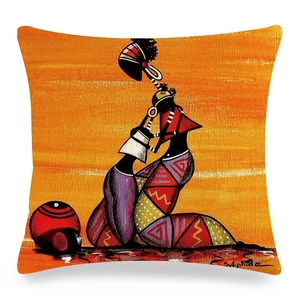 Detailed texture of linen cushion cover featuring colorful African abstract art painting