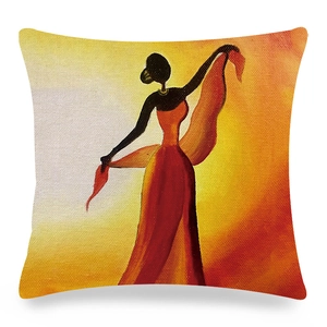 Detail of linen cushion cover featuring African woman oil painting on textured fabric