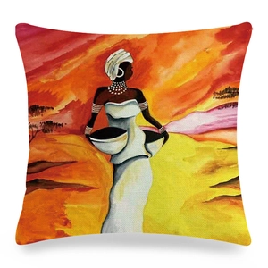 Detail of linen cushion cover showing textured African woman oil painting art