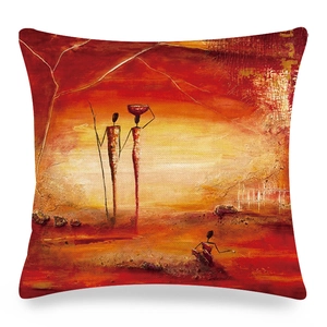 Detail of African tribal oil painting pattern on linen cushion cover with warm earth tones
