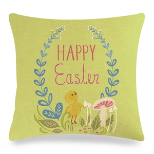 Green Easter linen pillowcase with Happy Easter bunny and chick print for home decor