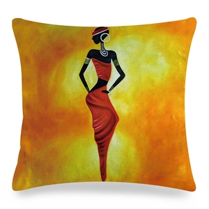 Close-up of linen pillowcase featuring African woman art portrait in vivid red and orange