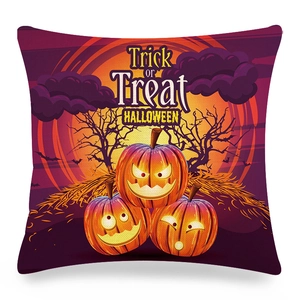 Halloween pumpkin linen throw pillow cover featuring bats and Trick or Treat print