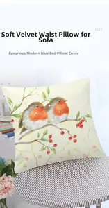 Detail of plush Christmas tree pillowcase with bird pattern on a white woven stool