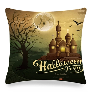 Detail of Halloween linen pillowcase featuring castle motifs and textured fabric surface