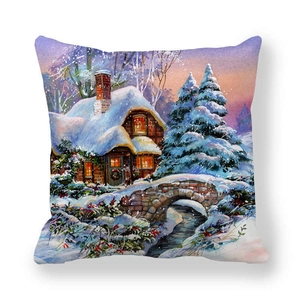 Detailed close-up of winter snow scene print on square peach skin pillowcase