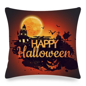 Detail of Halloween pumpkin print linen pillowcase with spooky house and Happy Halloween text