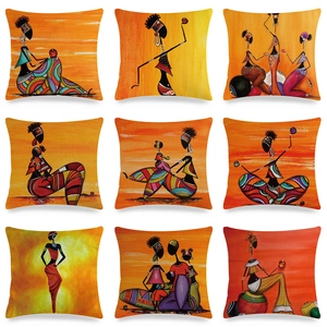 African Woman Portrait Art Linen Cushion Cover Ethnic Tribal Oil Painting Square Pillowcase For Sofa Living Room Home