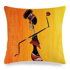 African woman abstract art linen pillowcase with vibrant orange and yellow gradient tones