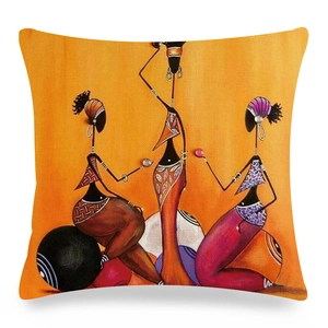 African tribal art cushion cover with linen texture featuring colorful women figures