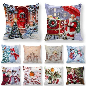 Festive Christmas Pillowcase Cartoon Santa Claus Snowman Printed Peach Skin Decorative Cushion Cover Home Sofa Throw Pillowcase