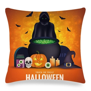 Halloween pumpkin linen pillow cover with wizard cauldron and trick or treat print