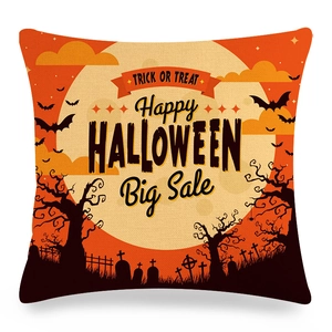 Halloween pumpkin linen pillowcase featuring a spooky moon and bat print pattern