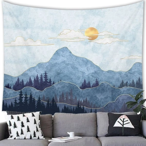 Detailed mountain landscape tapestry featuring gold-edged clouds and a pine forest