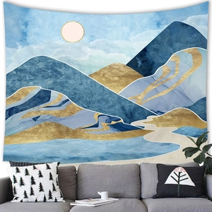 Modern abstract mountain landscape tapestry hung above a sofa for home wall decor
