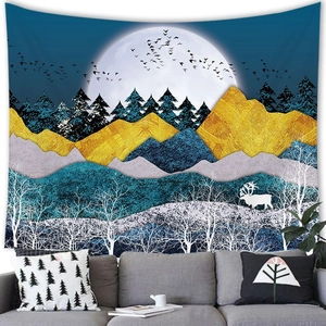 Detail of abstract landscape tapestry featuring white deer and golden mountains