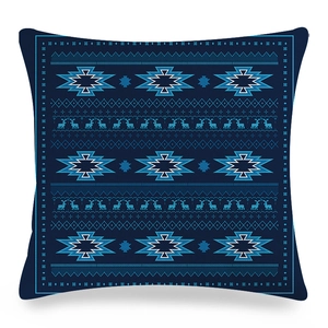 Detail of geometric reindeer pattern on navy linen pillowcase with Nordic holiday theme