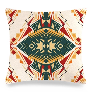 Macro detail of geometric tribal pattern on textured linen decorative throw pillow case