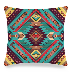 Detail of bohemian geometric linen pillowcase with ethnic patterns on white background