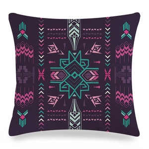 Abstract geometric purple linen throw pillow case with ethnic tribal pattern design