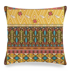 Bohemian geometric linen pillowcase with yellow and green ethnic tribal pattern and roses