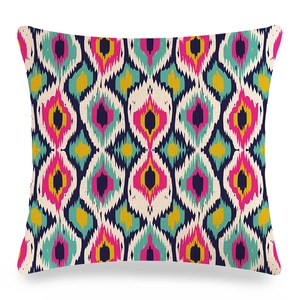 Close-up of thick linen fabric with colorful geometric Ikat pattern and detailed texture
