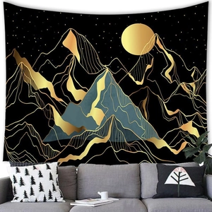 Abstract mountain landscape tapestry with gold moon and starry sky over grey sofa