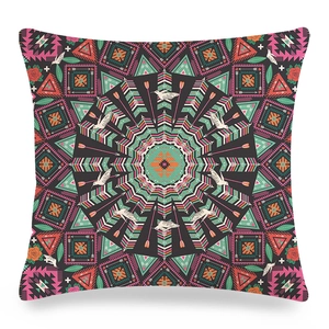 Retro geometric mandala cushion cover with hummingbirds and feathers on white background