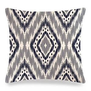Abstract geometric ikat pattern linen throw pillow cover in navy blue and grey