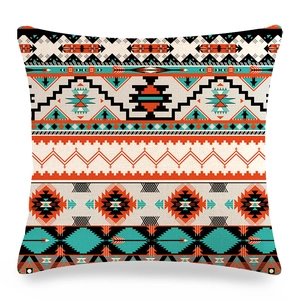 Bohemian geometric linen throw pillow cover with abstract orange and teal patterns