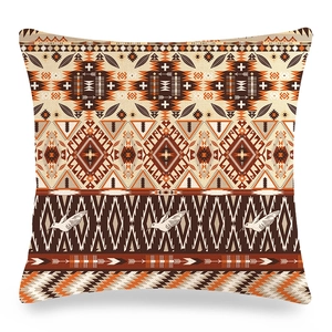 Abstract geometric linen cushion cover featuring ethnic bird pattern and earthy tones